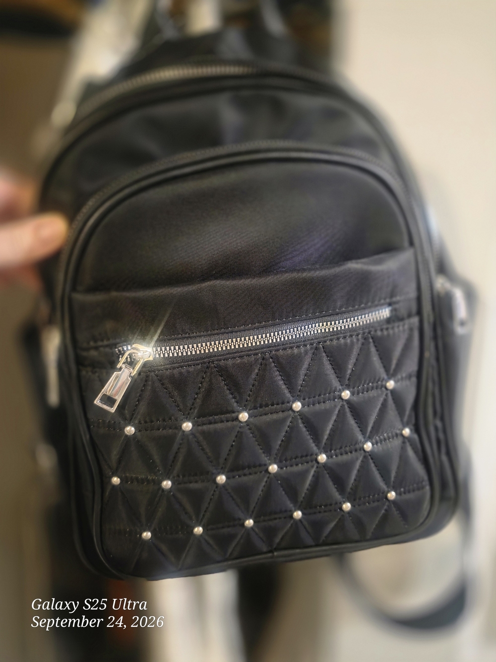 Black Quilted Mini Backpack with Stud Detail